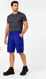 Mens Cycling Shorts MTB Detachable Padded Liner Off Road Baggy Bicycle Shorts modeled by a man in blue shorts and black boots.