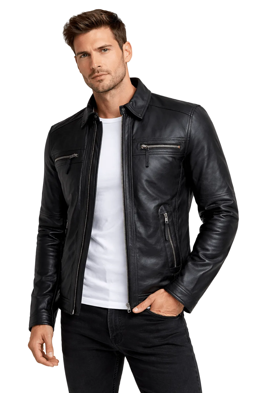 Men’s Black Leather Zipper Jacket – Slim Fit Classic Biker Style with Premium Finish