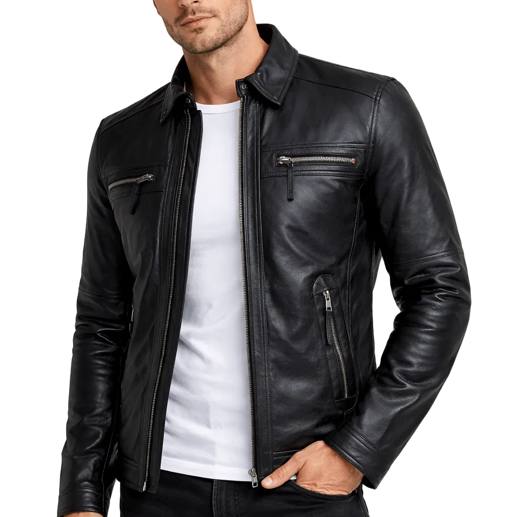 Men’s Black Leather Zipper Jacket – Slim Fit Classic Biker Style with Premium Finish