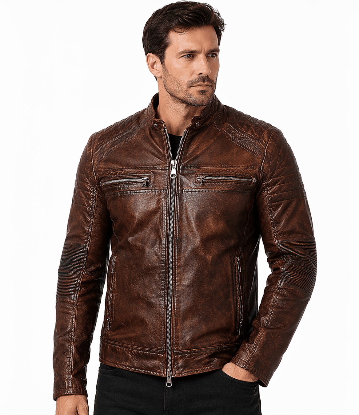 Men's Genuine Leather Jacket Biker Motorcycle Brown Cafe Race Cowhide Jacket worn by a man.
