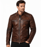Men's Genuine Leather Jacket Biker Motorcycle Brown Cafe Race Cowhide Jacket