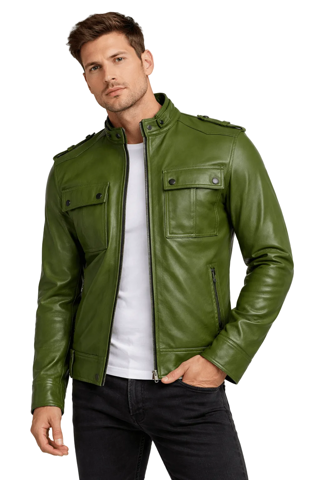 Men’s Slim Fit Green Biker Leather Jacket – Modern Moto Style with Premium Finish, stylish man wearing green leather jacket.