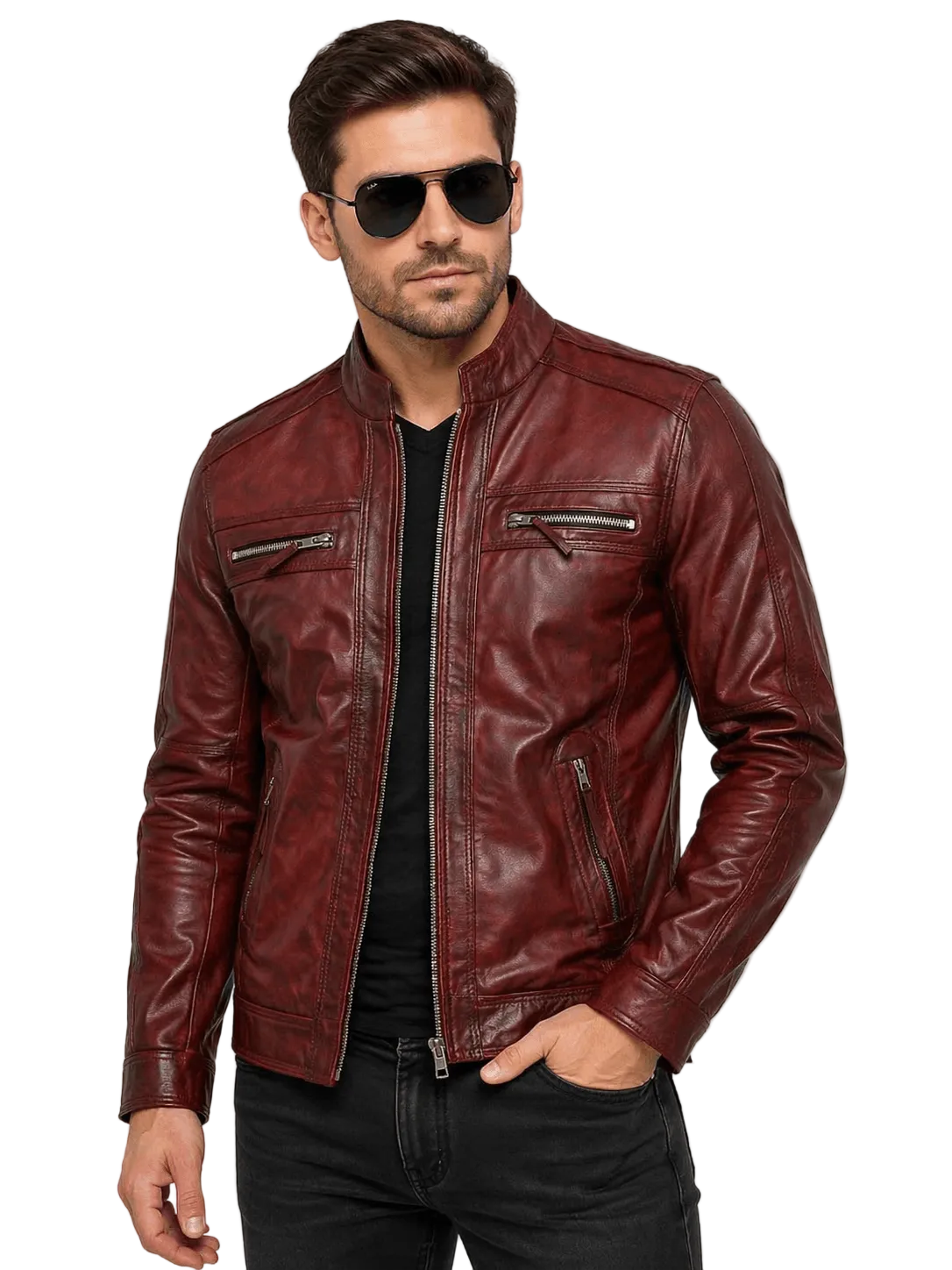 Men’s Waxed Burgundy Leather Jacket – Premium Slim Fit Genuine Leather Biker Jacket for Men worn by a model with sunglasses