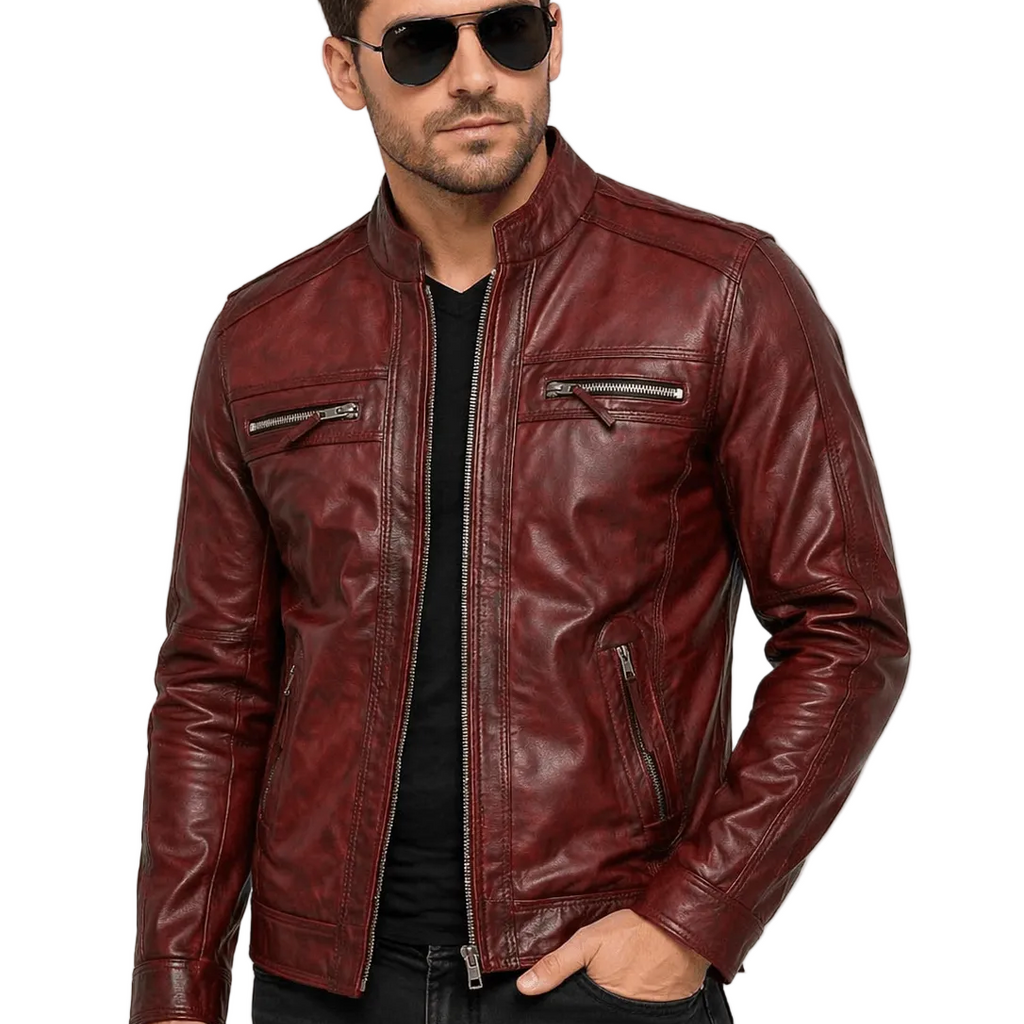 Men’s Waxed Burgundy Leather Jacket – Premium Slim Fit Genuine Leather Biker Jacket for Men worn by a model with sunglasses