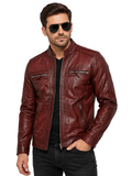 Men’s Waxed Burgundy Leather Jacket – Premium Cowhide Leather Biker Jacket