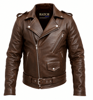 Mens Leather Jacket Genuine Cowhide Motorcycle Jacket Brown shown in a classic style with zippers and belt.