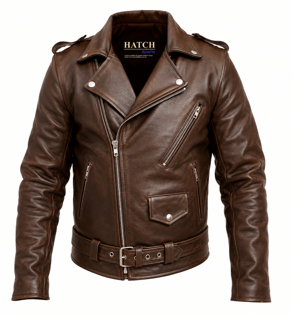 Mens Leather Jacket Genuine Cowhide Motorcycle Jacket Brown shown in a classic style with zippers and belt.