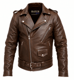 Mens Leather Jacket Genuine Cowhide Motorcycle Jacket Brown shown in a classic style with zippers and belt.