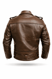 Mens Leather Jacket Genuine Cowhide Motorcycle Jacket Brown back view showing premium cowhide leather craftsmanship.