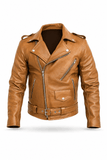 Mens Leather Jacket Genuine Cowhide Motorcycle Jacket Tan - Stylish tan leather jacket for motorcycle enthusiasts.