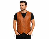 Men's Caramel Brown Cowhide Leather Biker Vest – Genuine Motorcycle Leather Waistcoat