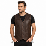 Men's Premium Dark Brown Cowhide Leather Biker Vest – Genuine Motorcycle Waistcoat with Side Laces