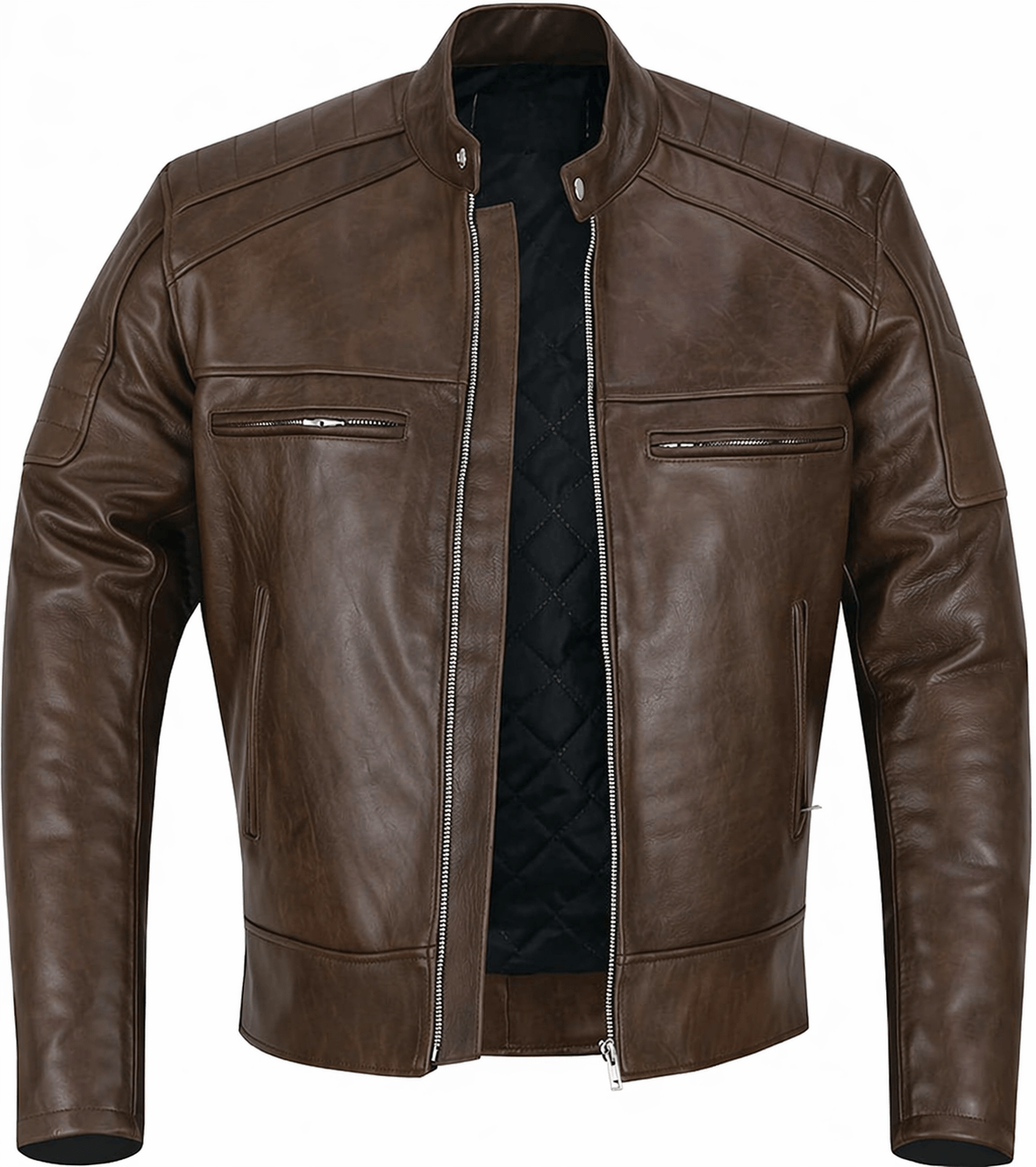 Mens Genuine Leather Jacket Cowhide Motorbike Motorcycle Moto-Jacket Real Leather in brown with zipper pockets.