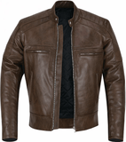 Mens Genuine Leather Jacket Cowhide Motorbike Motorcycle Moto-Jacket Real Leather in brown with zipper pockets.