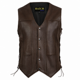 Men's Premium Dark Brown Cowhide Leather Biker Vest – Genuine Motorcycle Waistcoat with Side Laces