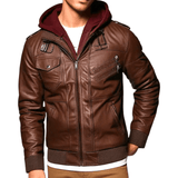 Men's Faux Leather Zip-Up Bomber Jacket with Removable Hood