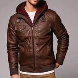 Men's Faux Leather Zip-Up Bomber Jacket with Removable Hood Hatch Sports