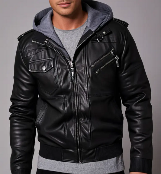 Men's Casual Stand Collar Leather Bomber Jacket Hatch Sports