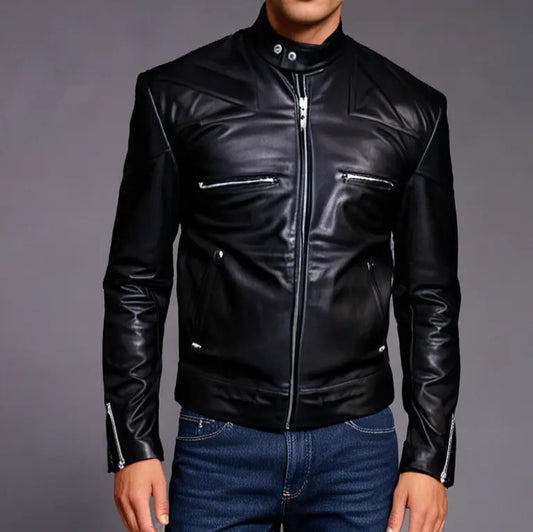 Premium Black Leather Biker Jacket Hatch Sports