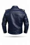 Mens Leather Jacket Genuine Cowhide Motorcycle Coat Navy