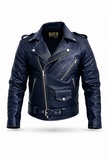 Mens Leather Jacket Genuine Cowhide Motorcycle Coat Navy