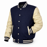 Mens Varsity Jacket Wool+Leather Navy Blue/Cream