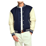 Mens Varsity Jacket Wool+Leather Navy Blue/Cream