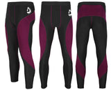 Men Compression Tight Pants Base Layer displaying front, back, and side views in black and burgundy.
