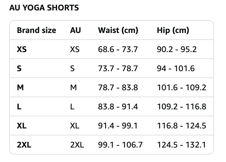 Size chart for women's high waisted yoga shorts showing AU sizes and corresponding waist and hip measurements.