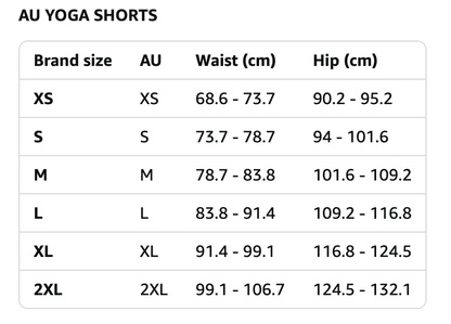 Size chart for women's high waisted yoga shorts showing AU sizes and corresponding waist and hip measurements.