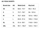 Size chart for AU women's yoga shorts with waist and hip measurements for XS, S, M, L, XL, and 2XL.