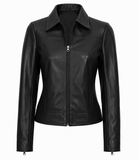 Women's Genuine Cowhide Leather Jacket – Black Harrington Style Zip-Up Leather Coat