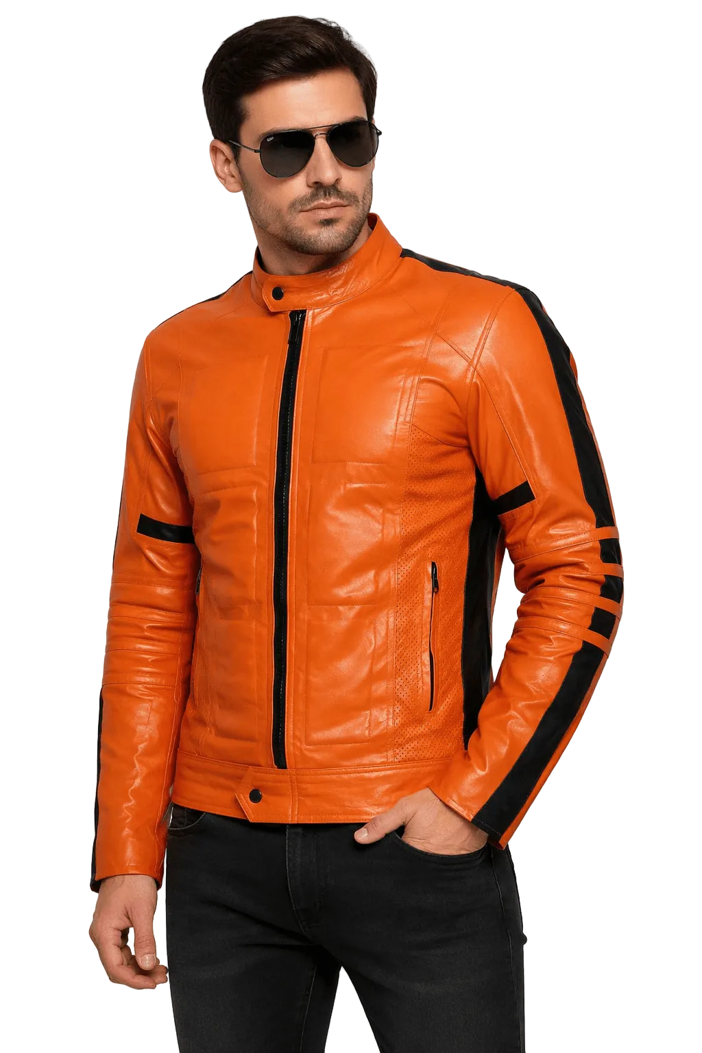 Street Fashion Orange Leather Jacket for Men – Slim Fit Biker Style Genuine Leather Jacket with Black Accents