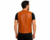 Men's Caramel Brown Cowhide Leather Biker Vest – Genuine Motorcycle Leather Waistcoat