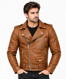 Men’s Caramel Brown Biker Leather Jacket – Premium Motorcycle Jacket for Men