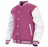 Women Varsity Jacket Wool+Genuine Cowhide Leather Pink/White