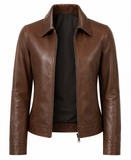 Women's Brown Cowhide Leather Harrington Jacket – Classic Zip-Up Casual Leather Coat