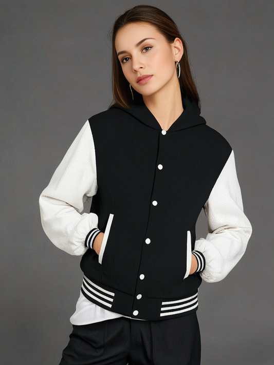 Hatch Sports Womens Hoodie Wool body Genuine Cowhide Leather Arm Sleeves College Letterman Varsity HoodieHoodie Wool+Leather Black/White Hatch Sports