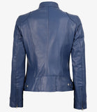 Women's Blue Biker Style Leather Jacket - Modern Fit
