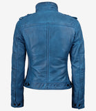 Women's Blue Waxed cowhide Leather Biker Style Jacket