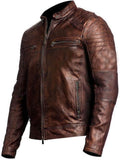 Men's Genuine Leather Jacket Biker Motorcycle Brown Cafe Race Cowhide Jacket on display.