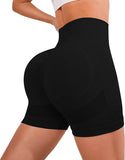 High waisted black yoga gym shorts for women, designed for comfort and style during workouts.