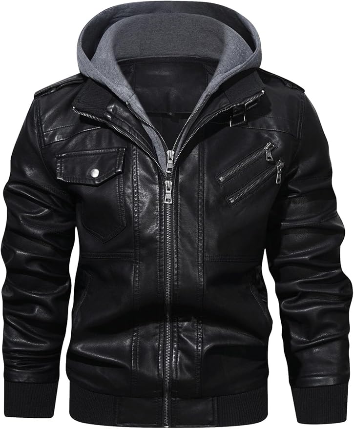 Men’s Casual Stand Collar PU Faux Leather Zip-Up Motorcycle Bomber Jacket With a Removable Hood