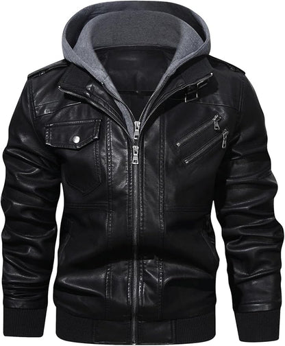 Men’s Casual Stand Collar PU Faux Leather Zip-Up Motorcycle Bomber Jacket With a Removable Hood