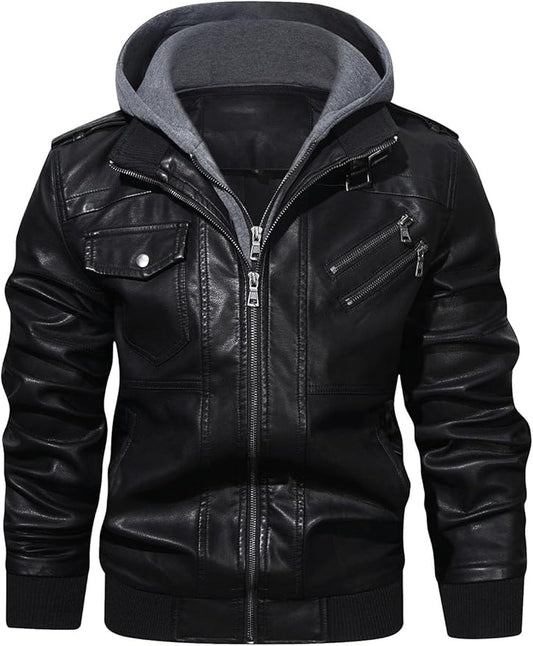 Men’s Casual Stand Collar PU Faux Leather Zip-Up Motorcycle Bomber Jacket With a Removable Hood