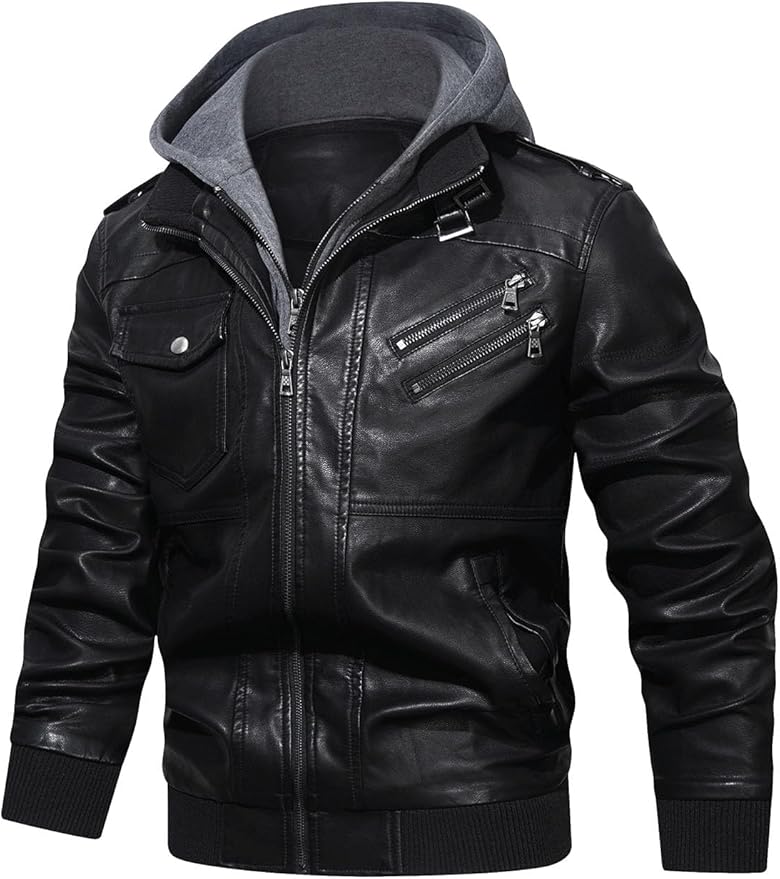 Men’s Casual Stand Collar PU Faux Leather Zip-Up Motorcycle Bomber Jacket With a Removable Hood