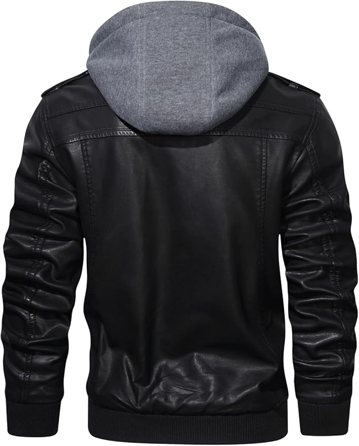 Men’s Casual Stand Collar PU Faux Leather Zip-Up Motorcycle Bomber Jacket With a Removable Hood