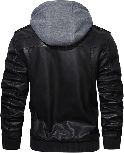 Men’s Casual Stand Collar PU Faux Leather Zip-Up Motorcycle Bomber Jacket With a Removable Hood