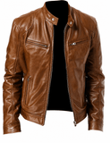 Mens Leather Jacket Motorbike Stylish Warm Winter Biker Coat Brown on display, showcasing its sleek design and warm color.