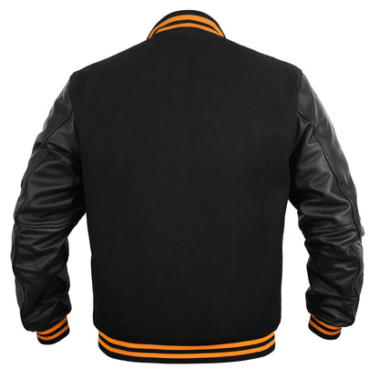 Hatch Sports Kids Varsity Jacket Genuine Leather Sleeve and Wool Blend Letterman Boys College/School Varsity Jackets All Black(Yellow Line)